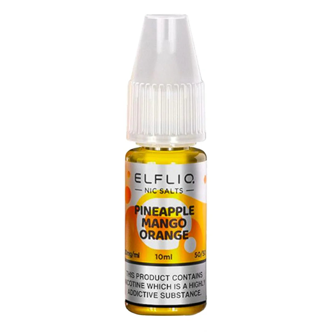 Packaging for ELFBAR ElfLiq Nic Salts featuring Pineapple Mango Orange flavor. The package includes a box and a 10ml bottle of the e-liquid.