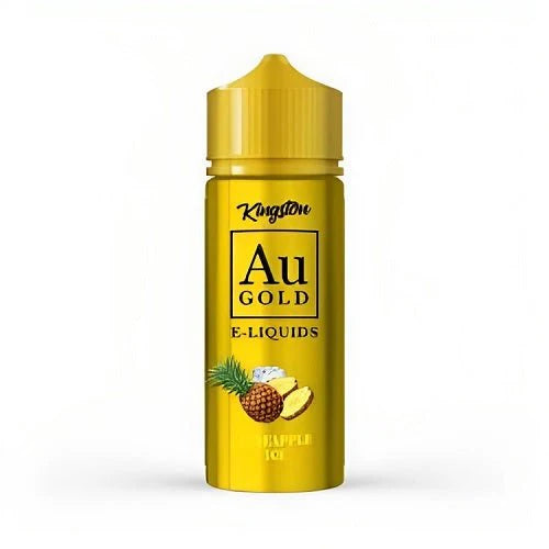 100ml shortfill bottle of Kingston AU Gold E-Liquid in Pineapple Ice flavor, crafted with a premium high-VG formula, nicotine-free with space for nic shots.