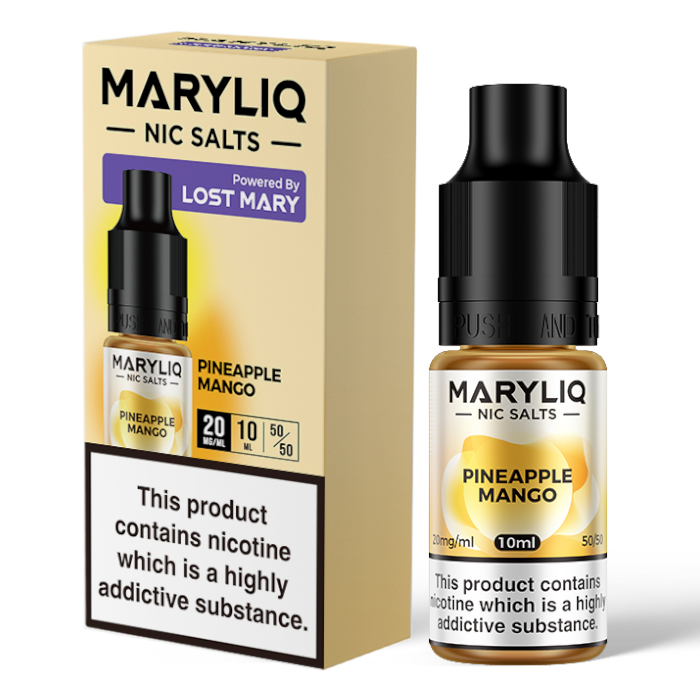 10ml bottle of MARYLIQ Nic Salts E-Liquid in Pineapple Mango flavor, 20mg nicotine salt strength for a smooth and satisfying throat hit, ideal for refillable pod kits and MTL vaping.