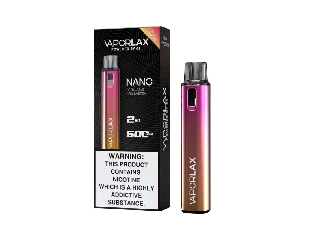 Vaporlax Nano Pod Kit in Pink Passion – compact and stylish vape device with a sleek metallic finish and modern design.