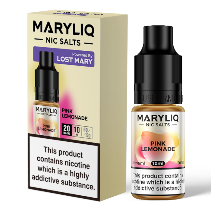 10ml bottle of MARYLIQ Nic Salts E-Liquid in Pink Lemonade flavor, 20mg nicotine salt strength for a smooth and satisfying throat hit, ideal for refillable pod kits and MTL vaping.