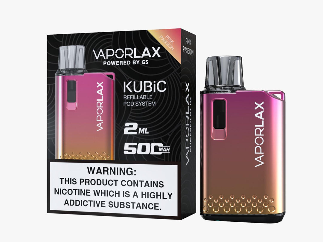 Vaporlax Kubic Refillable Pod Kit in Pink Passion – compact and stylish refillable vape device with a smooth draw activation, and user-friendly design.