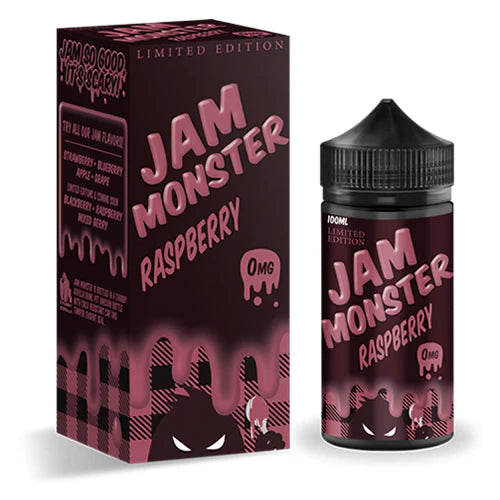 100ml shortfill bottle of Jam Monster E-Liquid in Raspberry flavor, crafted with a 75VG/25PG blend for bold flavor and thick clouds, TPD-compliant and nicotine-free with space for nic shots.