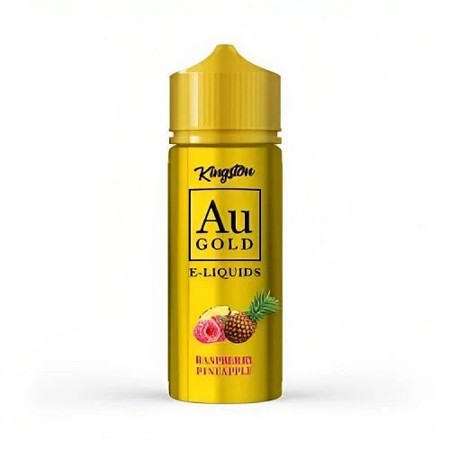 100ml shortfill bottle of Kingston AU Gold E-Liquid in Raspberry Pineapple flavor, crafted with a premium high-VG formula, nicotine-free with space for nic shots.