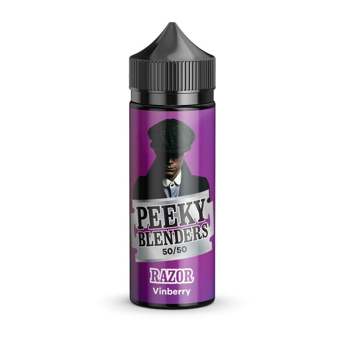 100ml shortfill bottle of Peeky Blenders Vape Juice in Razor flavor, delivering a bold and refreshing taste crafted for smooth, flavorful vaping; nicotine-free with room for nic shots, designed for dense clouds and premium quality.