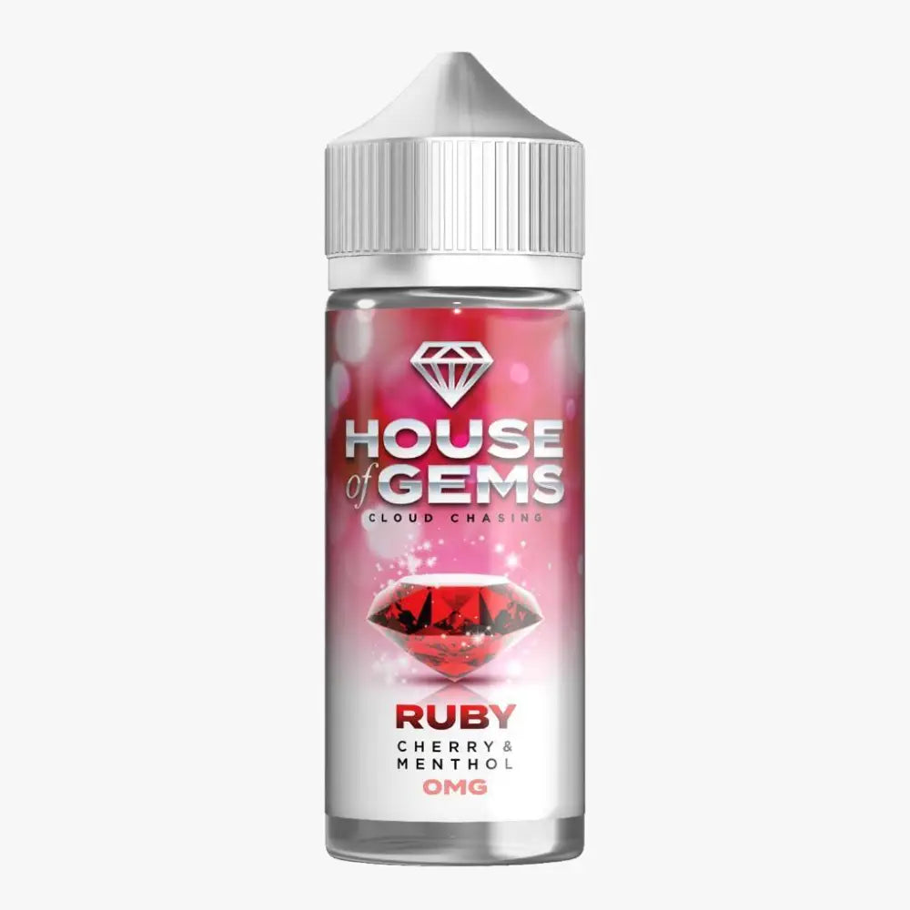 100ml shortfill bottle of Gemstone House of Gems E-Liquid in Ruby flavor, offering a luxurious and smooth vape with rich fruity notes; nicotine-free with space for nic shots, crafted for premium flavor and dense cloud production.
