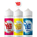Load image into Gallery viewer, Three bottles of YETI E-liquid vape juice, each with a different fruity flavor, as indicated by the labels. The flavors include Strawberry, Lemonade, and Energy Drink, with the YETI logo at the top.