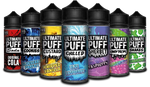 Load image into Gallery viewer, An array of Ultimate Puff e-liquid bottles in various flavors, including strawberry, lime, passionfruit, fruity pear, dark fruit, apple blackcurrant, and watermelon lime. Each bottle has a colorful label representing the specific flavor.