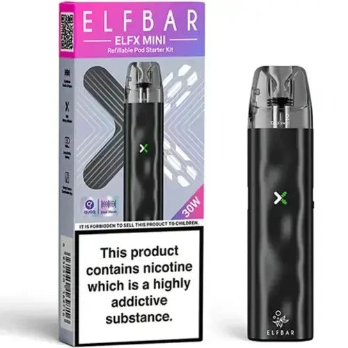 Elf Bar ELFX Mini Pod Kit in Black – ultra-compact vape device with a sleek design, smooth draw activation, and convenient portability.