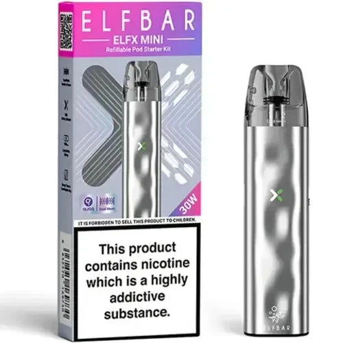 Elf Bar ELFX Mini Pod Kit in Silver  – ultra-compact vape device with a sleek design, smooth draw activation, and convenient portability.