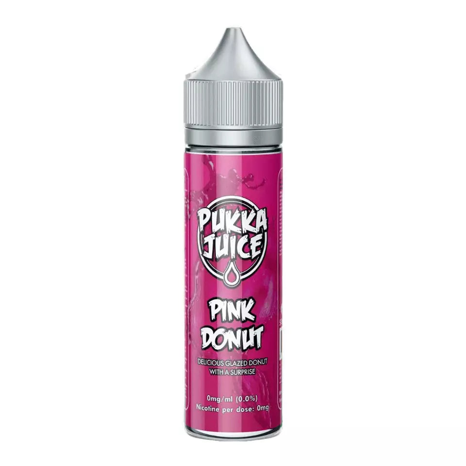 Pukka Juice Pink Donut 50ml e-liquid with 0mg nicotine and 70/30 VG/PG ratio, offering a fruity tropical flavor blend.