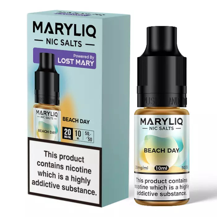 Packaging and bottle of Beach Day MARYLIQ Nic Salt E-Liquid with tropical flavor, 20mg nicotine strength, 50/50 VG/PG ratio, in a 10ml bottle.