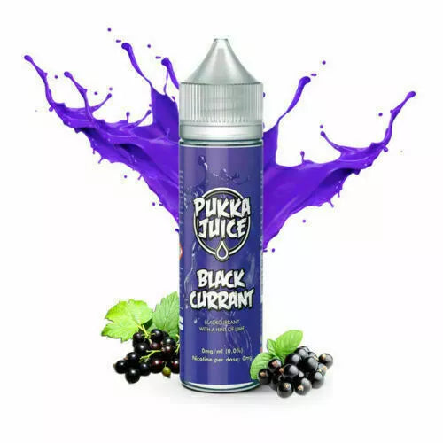 Pukka Juice Black Currant 50ml e-liquid with 0mg nicotine and 70/30 VG/PG ratio, offering a fruity tropical flavor blend.