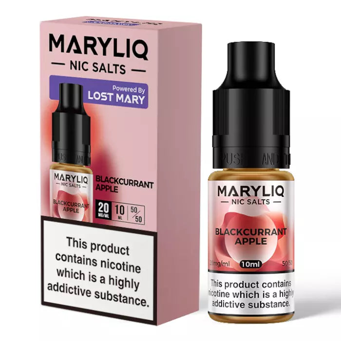 Packaging and bottle of Blackcurrant Apple MARYLIQ Nic Salt E-Liquid, indicating a 50/50 VG/PG ratio, TPD compliance, and nicotine content.
