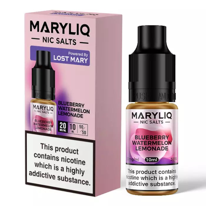 A bottle of MARYLIQ Blueberry Watermelon Lemonade nicotine salts e-liquid next to its packaging box, which has a cigarette graphic and flavor indication.