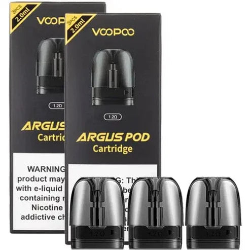 Pack of 3 Voopoo Argus replacement pods 1.2Ω, featuring 2ml e-liquid capacity with an easy side-fill system, designed for smooth mouth-to-lung (MTL) vaping and compatible with Voopoo Argus pod devices.