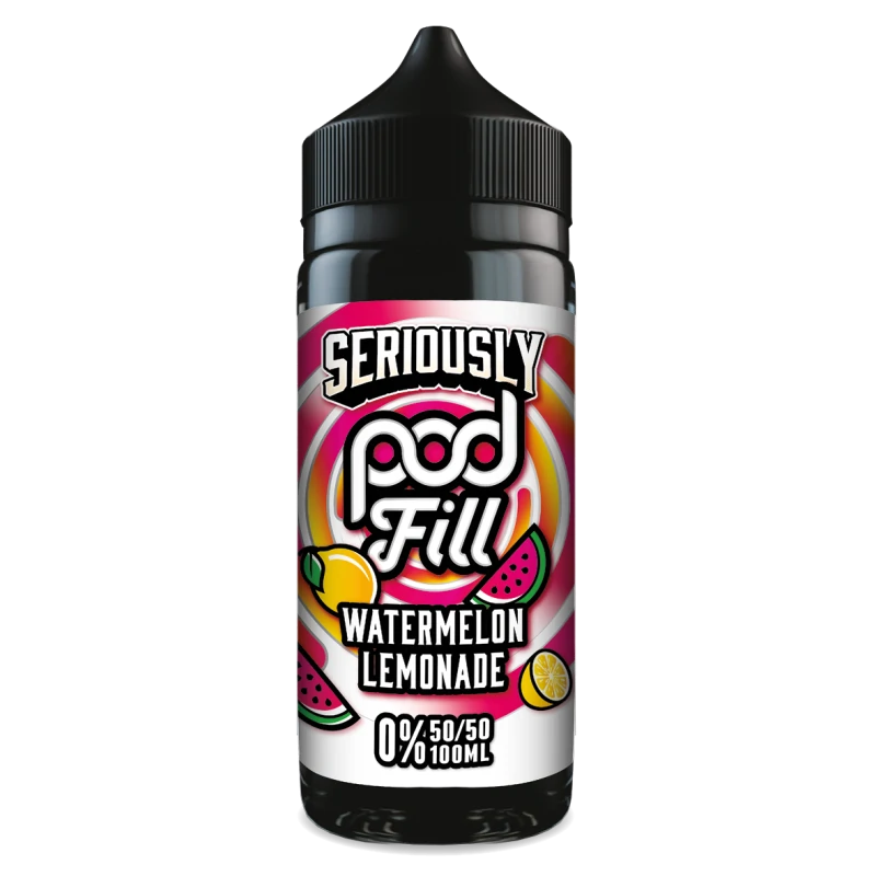 100ml shortfill bottle of Seriously Pod E-Liquid by Doozy Vape in Watermelon Lemonade flavor, nicotine-free with room for nic shots, crafted with a pod-friendly formula for rich flavor and consistent clouds.