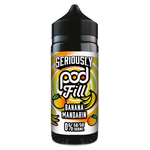 Load image into Gallery viewer, 100ml shortfill bottle of Seriously Pod E-Liquid by Doozy Vape in Banana Mandarin flavor, blending creamy banana with zesty mandarin for a smooth and fruity vape; nicotine-free with room for nic shots, crafted with a pod-friendly formula for rich flavor and consistent clouds.