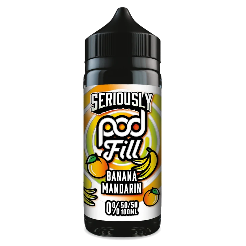 100ml shortfill bottle of Seriously Pod E-Liquid by Doozy Vape in Banana Mandarin flavor, blending creamy banana with zesty mandarin for a smooth and fruity vape; nicotine-free with room for nic shots, crafted with a pod-friendly formula for rich flavor and consistent clouds.