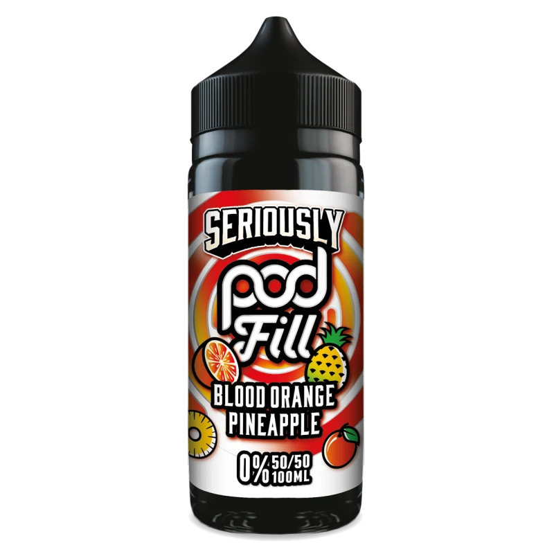 100ml shortfill bottle of Seriously Pod E-Liquid by Doozy Vape in Blood Orange Pineapple flavor, nicotine-free with room for nic shots, crafted with a pod-friendly formula for rich flavor and consistent clouds.