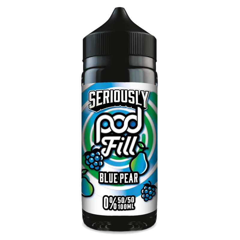 100ml shortfill bottle of Seriously Pod E-Liquid by Doozy Vape in Blue Pear flavor, nicotine-free with room for nic shots, crafted with a pod-friendly formula for rich flavor and consistent clouds.