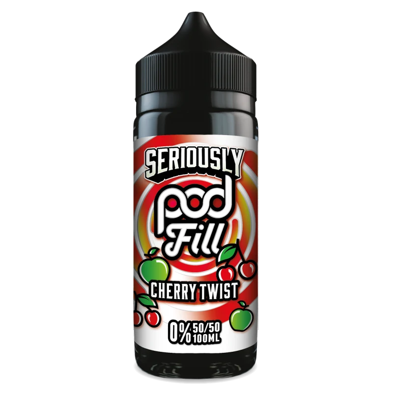 100ml shortfill bottle of Seriously Pod E-Liquid by Doozy Vape in Cherry Twist flavor, nicotine-free with room for nic shots, crafted with a pod-friendly formula for rich flavor and consistent clouds.