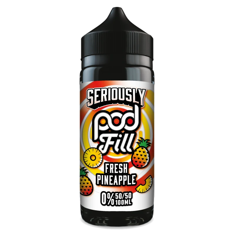 100ml shortfill bottle of Seriously Pod E-Liquid by Doozy Vape in Fresh Pineapple flavor, nicotine-free with room for nic shots, crafted with a pod-friendly formula for rich flavor and consistent clouds.