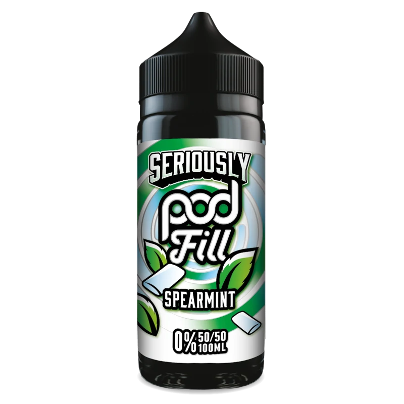 100ml shortfill bottle of Seriously Pod E-Liquid by Doozy Vape in Spearmint flavor, nicotine-free with room for nic shots, crafted with a pod-friendly formula for rich flavor and consistent clouds.