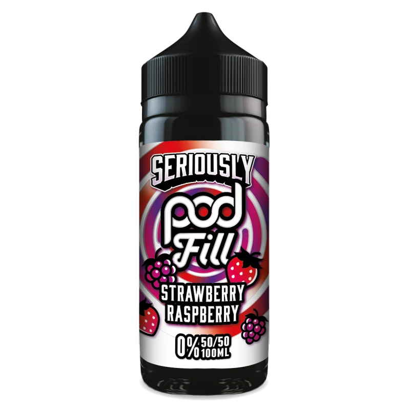 100ml shortfill bottle of Seriously Pod E-Liquid by Doozy Vape in Strawberry Raspberry flavor, nicotine-free with room for nic shots, crafted with a pod-friendly formula for rich flavor and consistent clouds.