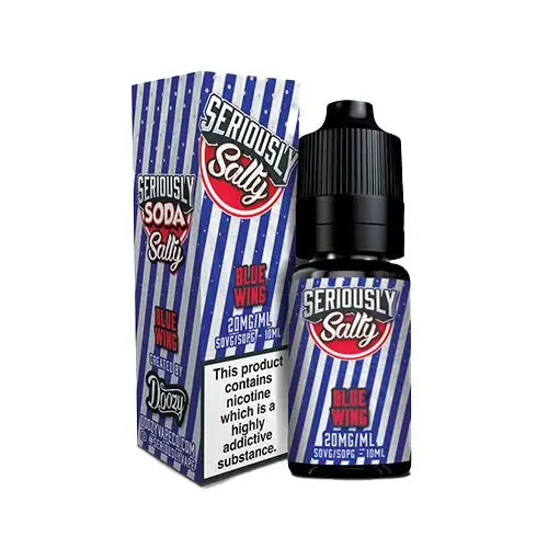 A 10ml bottle of Seriously Salty Blue Wing Nic Salt E-Liquid with a childproof cap, next to its packaging box which has striped blue and white design elements and product information.