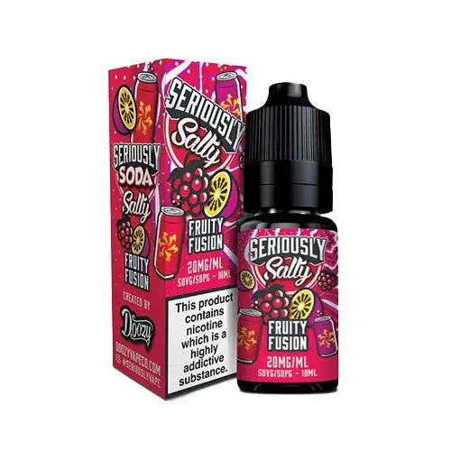 A 10ml bottle of Seriously Salty Fruity Fusion Nic Salt E-Liquid with a childproof cap, displayed next to its packaging which features vibrant pink and black color tones with fruit imagery.