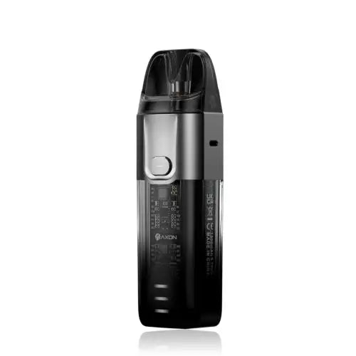 Vaporesso Luxe X Pod Vape Kit in Silver – stylish and futuristic pod system with a transparent black finish, built-in 1500mAh battery, COREX mesh coil technology, and adjustable airflow for versatile vaping.