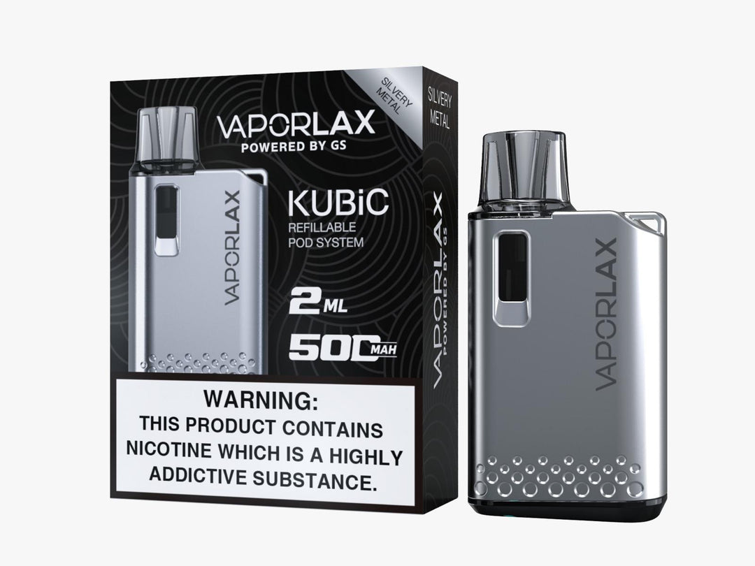 Vaporlax Kubic Refillable Pod Kit in Silver Metal – compact and stylish refillable vape device with a smooth draw activation, and user-friendly design.