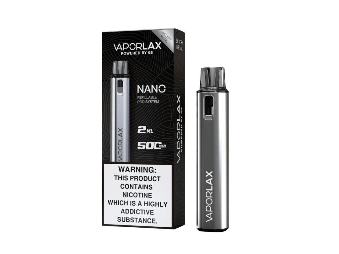 Vaporlax Nano Pod Kit in Silvery Metal – compact and stylish vape device with a sleek metallic finish and modern design.