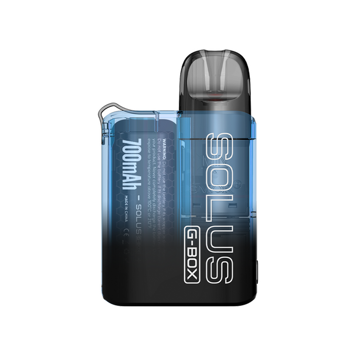 SMOK Solus G-Box Vape Kit in Transparent Blue – ultra-lightweight pod system with a clear, see-through body design, built-in 700mAh battery, draw-activated firing, and compatibility with Solus pods for smooth MTL vaping.