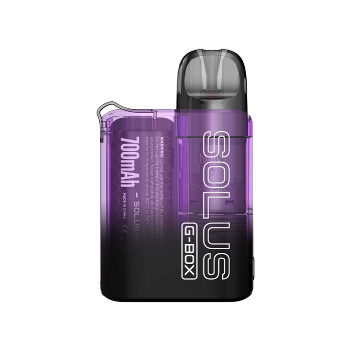 SMOK Solus G-Box Vape Kit in Transparent Purple – ultra-lightweight pod system with a clear, see-through body design, built-in 700mAh battery, draw-activated firing, and compatibility with Solus pods for smooth MTL vaping.