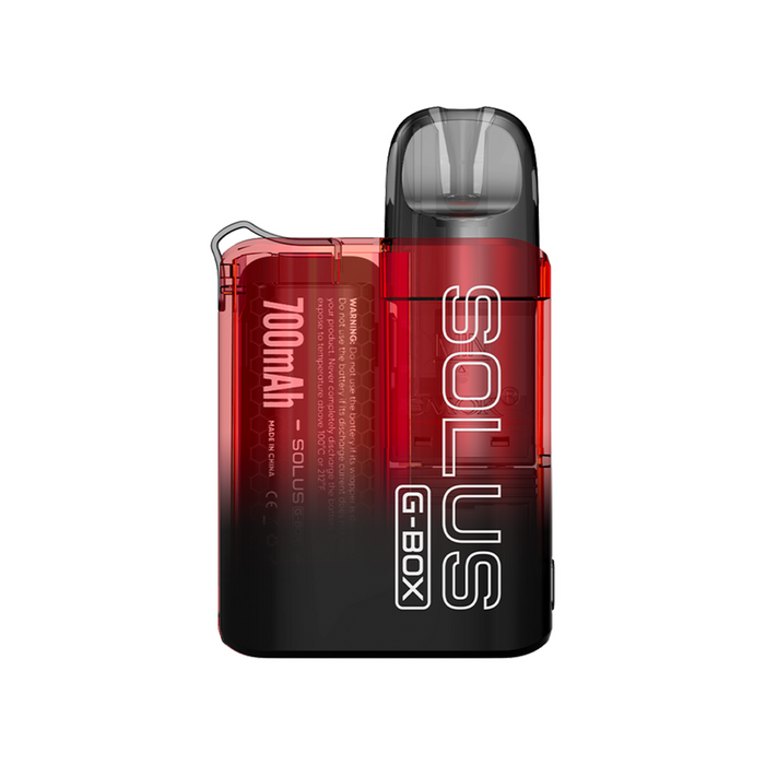 SMOK Solus G-Box Vape Kit in Transparent Red – ultra-lightweight pod system with a clear, see-through body design, built-in 700mAh battery, draw-activated firing, and compatibility with Solus pods for smooth MTL vaping.