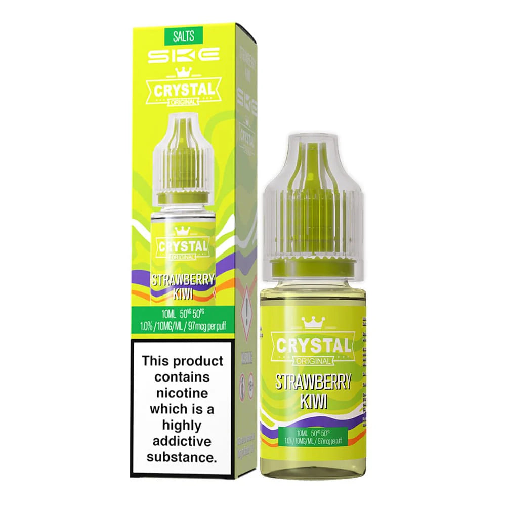 A 10ml bottle of SKE Crystal Strawberry Kiwi e-liquid next to its packaging, which also displays the product name and nicotine content.