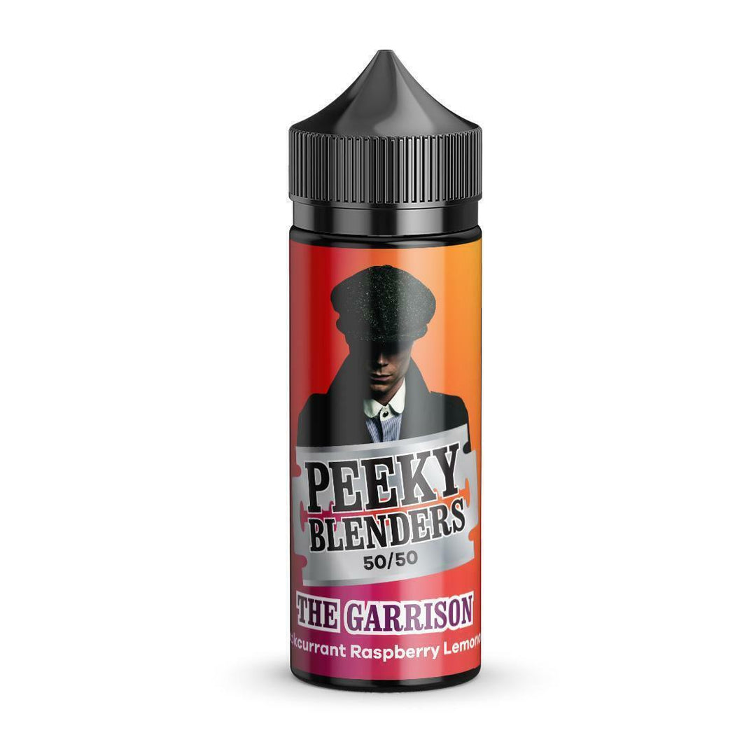 100ml shortfill bottle of Peeky Blenders Vape Juice in The Garrison flavor, delivering a bold and refreshing taste crafted for smooth, flavorful vaping; nicotine-free with room for nic shots, designed for dense clouds and premium quality.