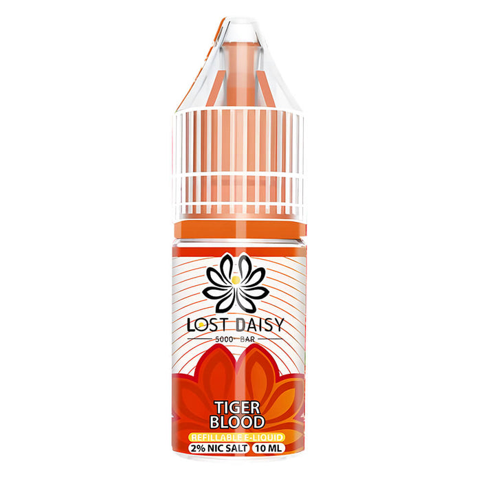 10ml bottle of Lost Daisy 5000 Bar Nic Salt E-Liquid in Tiger Blood flavor, smooth nicotine salt formula designed for pod kits and mouth-to-lung vaping.