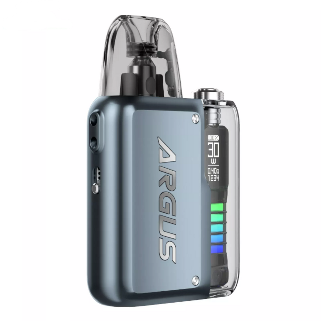 VOOPOO Argus P2 Pod Kit in Titanium Grey – sleek and compact pod vape with a metallic grey finish, dynamic LED display, adjustable wattage, and smooth performance for everyday vaping