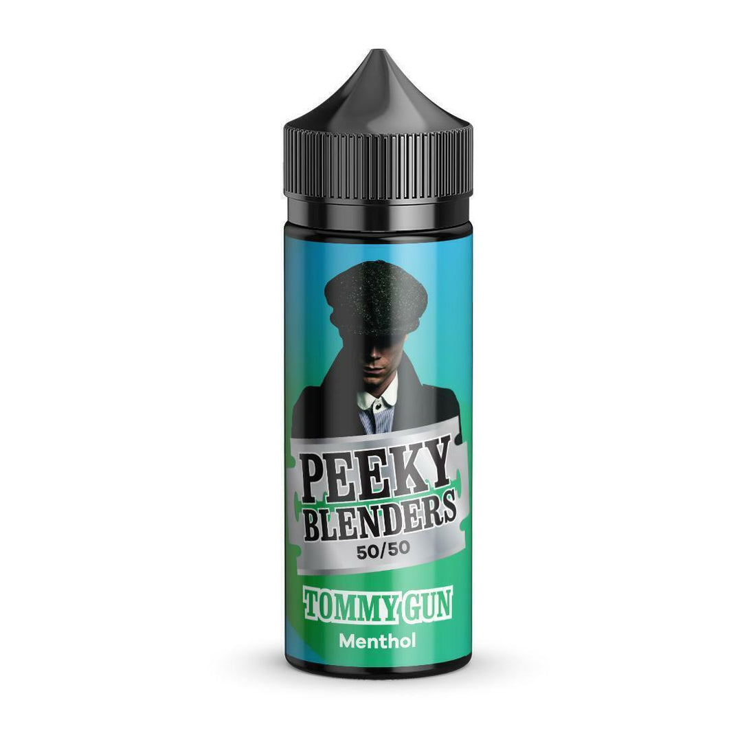 100ml shortfill bottle of Peeky Blenders Vape Juice in Tommy Gun flavor, delivering a bold and refreshing taste crafted for smooth, flavorful vaping; nicotine-free with room for nic shots, designed for dense clouds and premium quality.