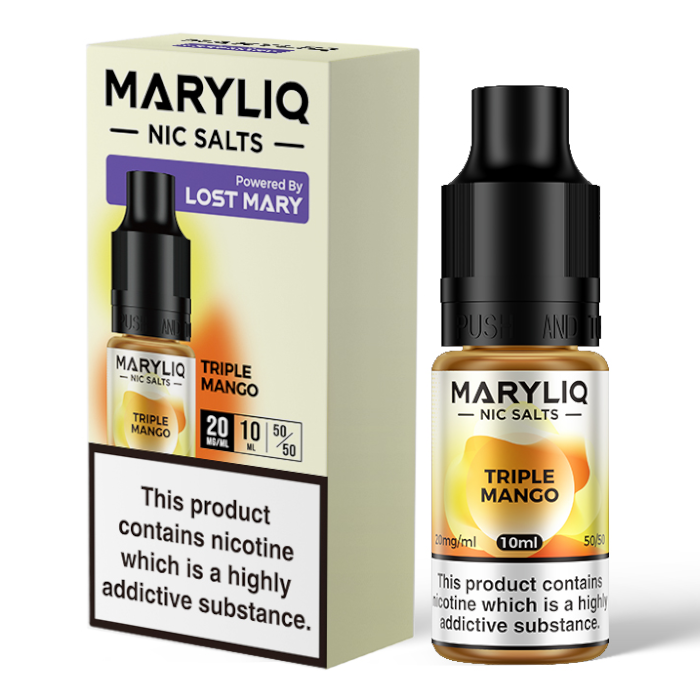 10ml bottle of MARYLIQ Nic Salts E-Liquid in Triple Mango flavor, 20mg nicotine salt strength for a smooth and satisfying throat hit, ideal for refillable pod kits and MTL vaping.