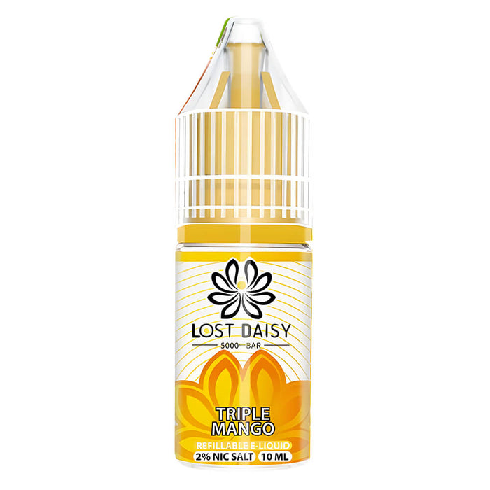 10ml bottle of Lost Daisy 5000 Bar Nic Salt E-Liquid in Triple Mango flavor, smooth nicotine salt formula designed for pod kits and mouth-to-lung vaping.