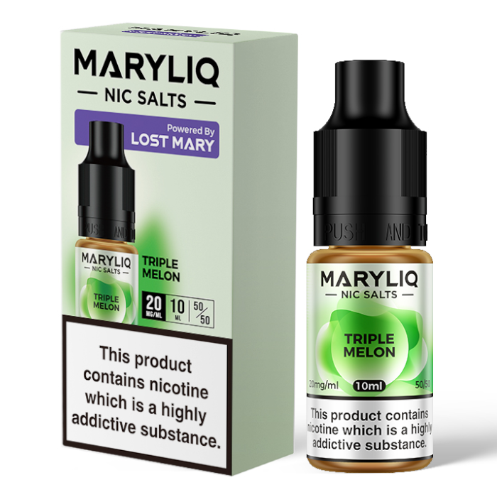 10ml bottle of MARYLIQ Nic Salts E-Liquid in classic Triple Melon flavor, 20mg nicotine salt strength for a smooth and satisfying throat hit, ideal for refillable pod kits and MTL vaping.