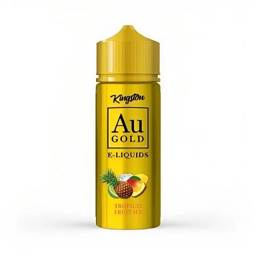 100ml shortfill bottle of Kingston AU Gold E-Liquid in Tropical Fruit Ice flavor, crafted with a premium high-VG formula, nicotine-free with space for nic shots.