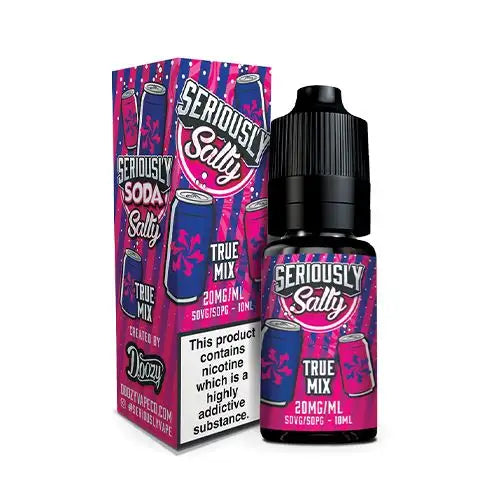 A 10ml bottle of Seriously Salty Soda True Mix Nic Salt E-Liquid with a childproof cap, next to its colorful packaging box which indicates the product flavor and nicotine strength of 20mg.