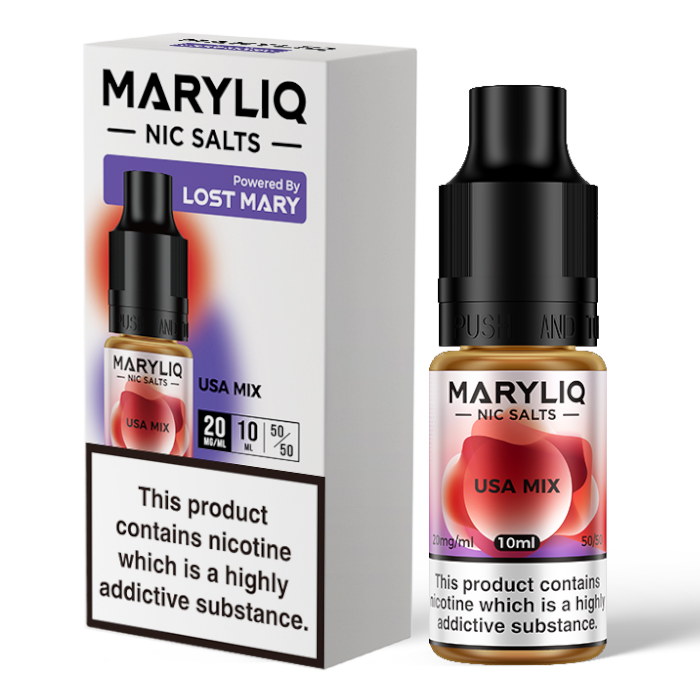 10ml bottle of MARYLIQ Nic Salts E-Liquid in USA Mix flavor, 20mg nicotine salt strength for a smooth and satisfying throat hit, ideal for refillable pod kits and MTL vaping.