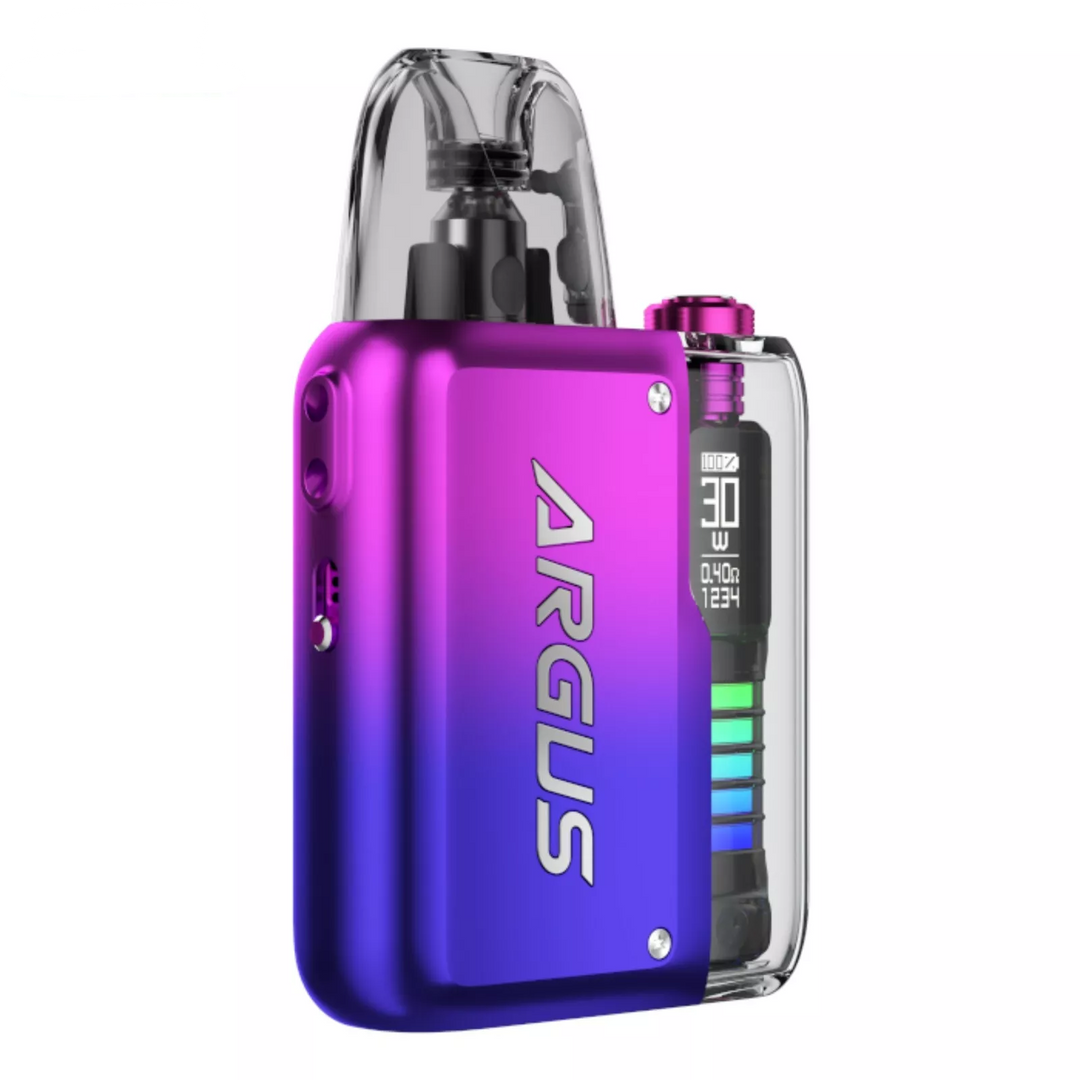 VOOPOO Argus P2 Pod Kit in Violet Purple – sleek and compact pod vape with a dynamic LED display, adjustable wattage, and smooth performance for everyday vaping.