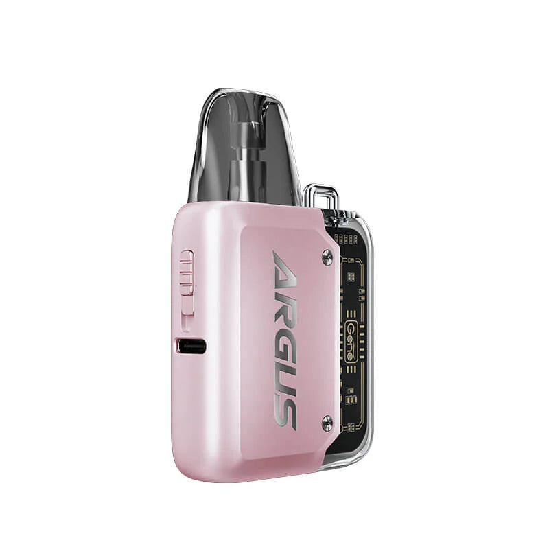 VooPoo Argus P1 Pod Kit Device in Pink – futuristic and compact vape device with a transparent chassis, fast charging, and smooth performance.